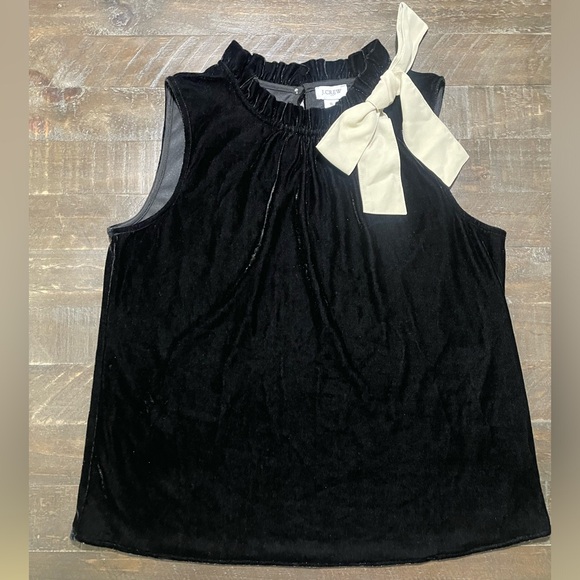J.Crew Black Velvety Sleeveless Ruffle Neck Top with Bow Accent Sz Small - Picture 4 of 9